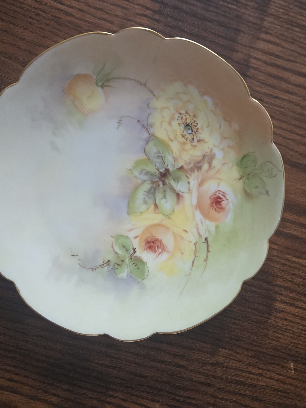 Hand-Painted Floral Porcelain Serving Bowl in Yellow and Green with Gold Trim